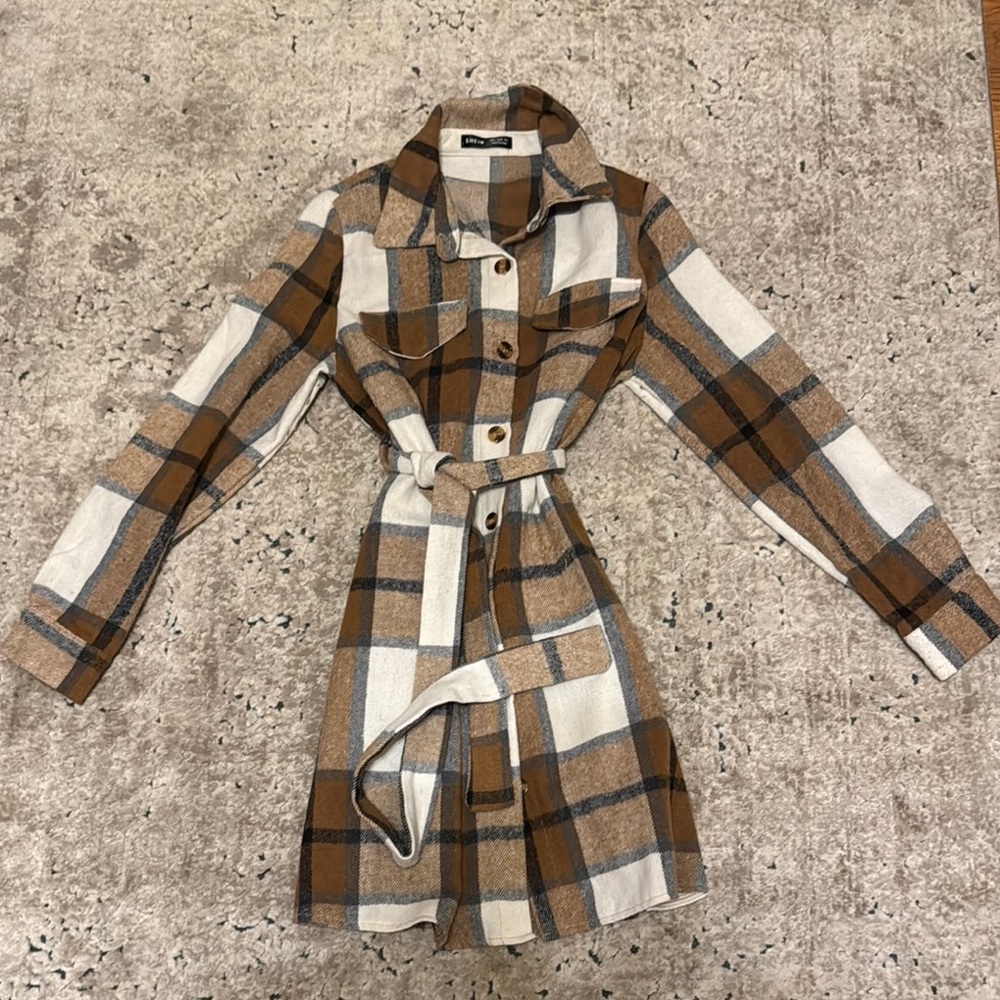 Shein Plaid Belted Shirt Dress - Size Small